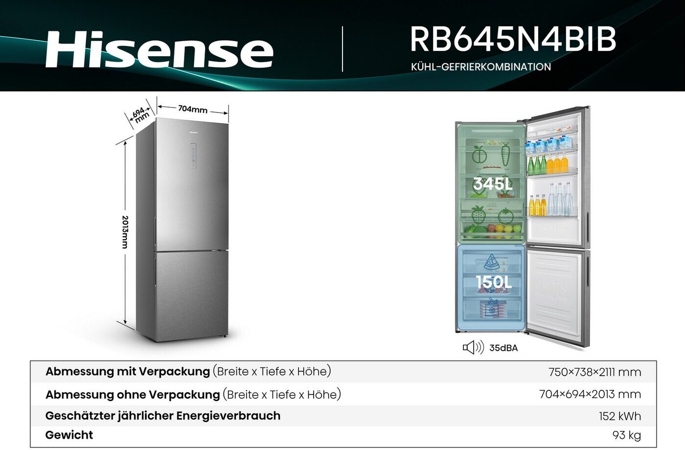 Hisense RB645N4BIB Kühl-Gefrierkombination – 70,4 cm breit, 495 Liter, Total No Frost, Energieklasse B, Inox- – Bild 11