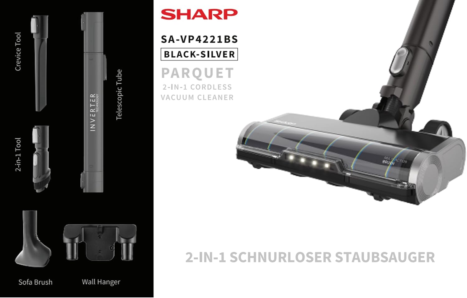 Sharp SA-VP4221BS Kabelloser Akkustaubsauger – 300 W, bis 65 Min. – Bild 9
