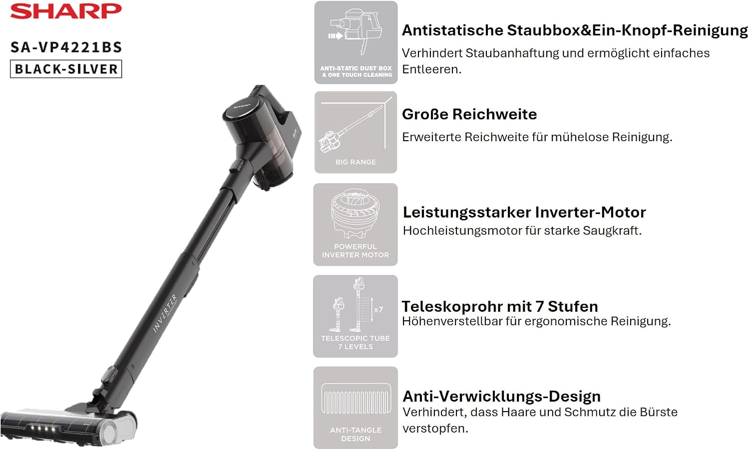 Sharp SA-VP4221BS Kabelloser Akkustaubsauger – 300 W, bis 65 Min. – Bild 3
