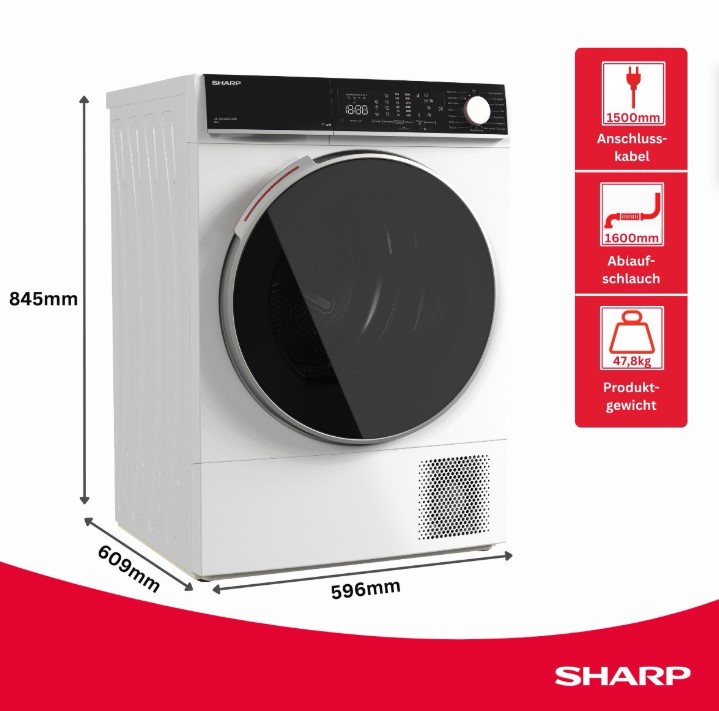 Sharp KD-WNHL8S9GWB-DE Wärmepumpentrockner – 8 kg, Energieklasse B, WiFi – Bild 7